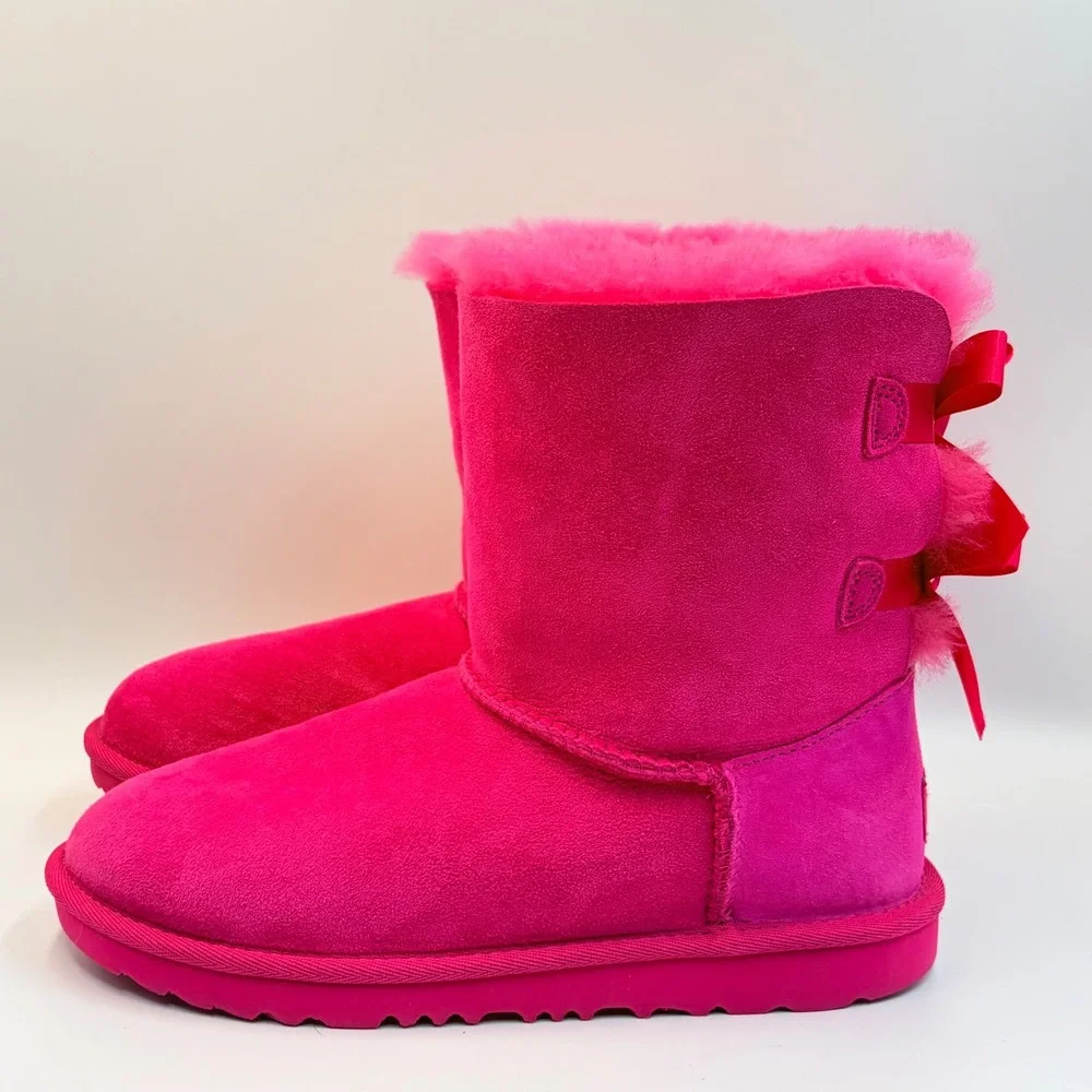 UGG Bailey Bow II Pink Suede Boots Sheepskin 1017394K Big Kids Size 5 Cozy